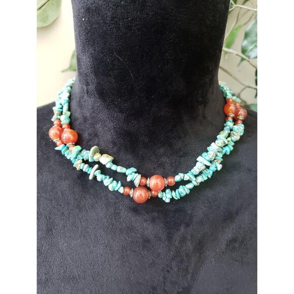 Womens Fashion 2 Strand Blue Magnesite Turquoise Coral Beads Necklace w/ Lobster - Picture 1 of 6